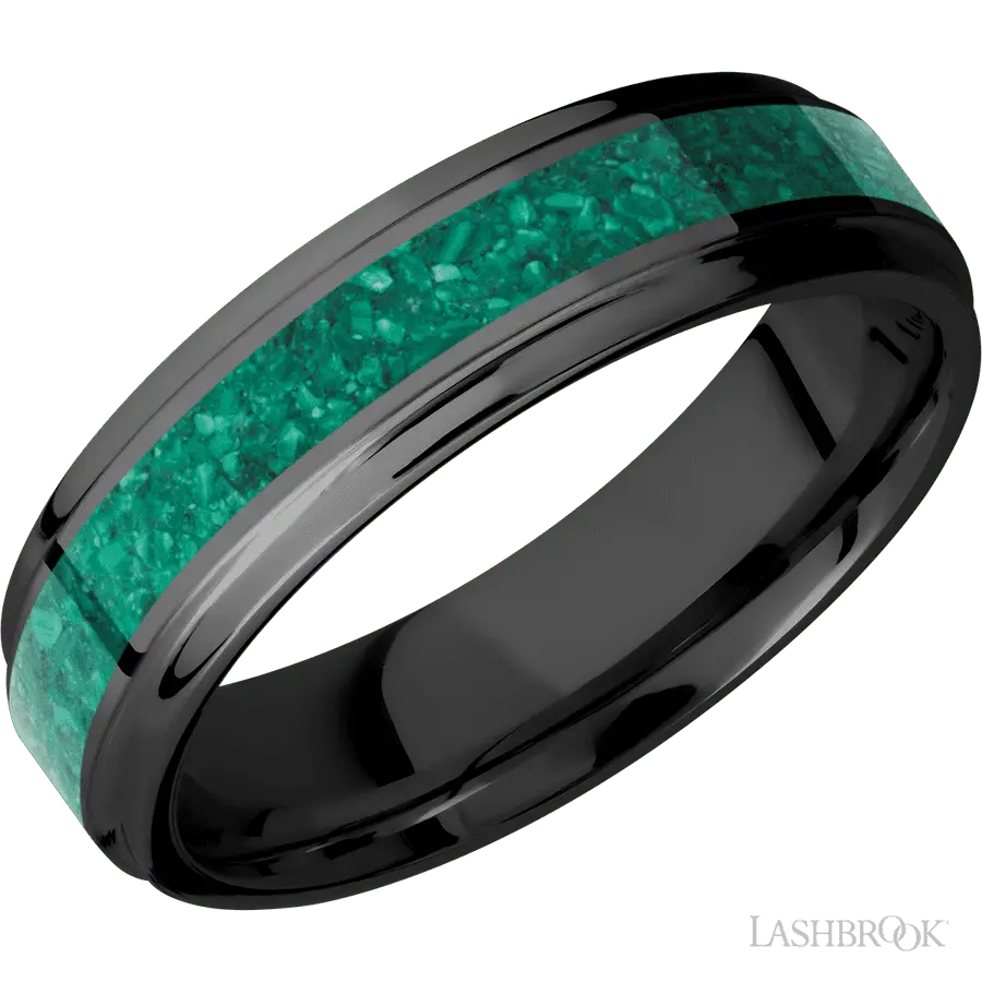 6 mm wide/Flat Grooved Edges/Zirconium band with one 3 mm Centered inlay of Malachite.