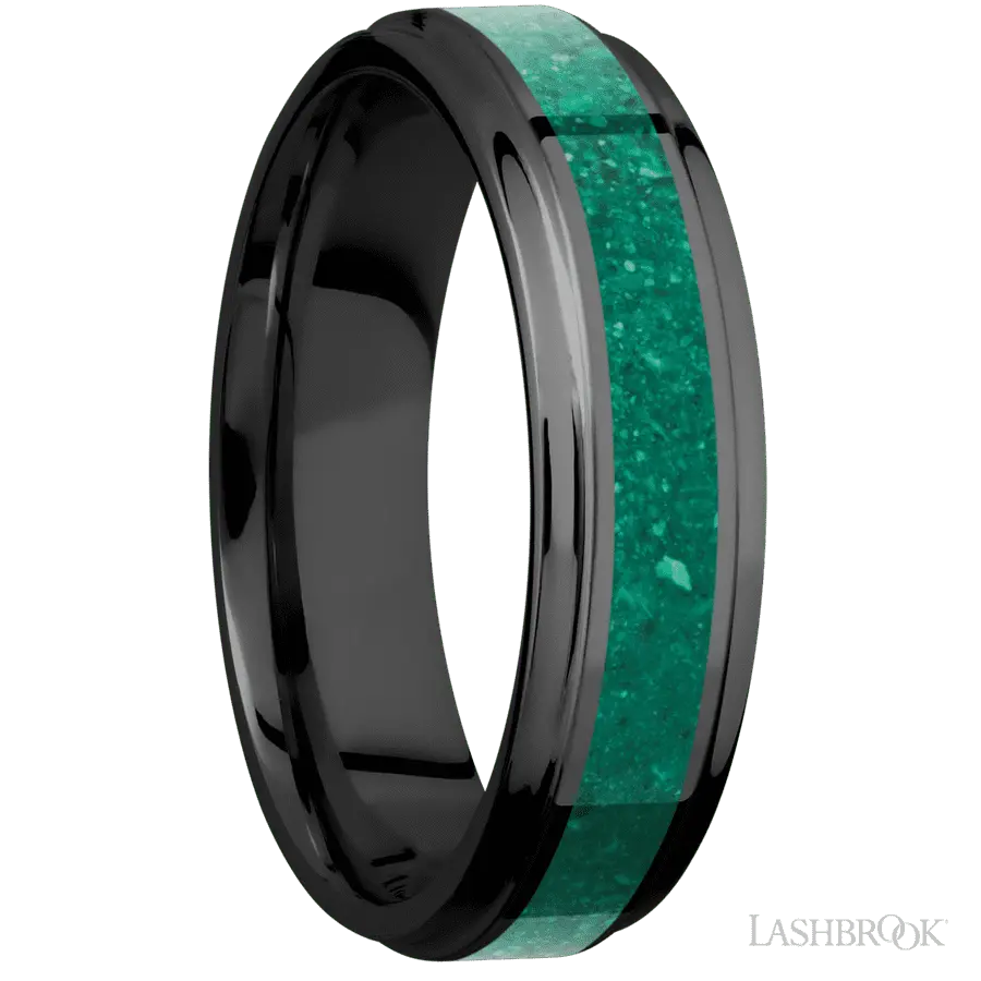 6 mm wide/Flat Grooved Edges/Zirconium band with one 3 mm Centered inlay of Malachite.