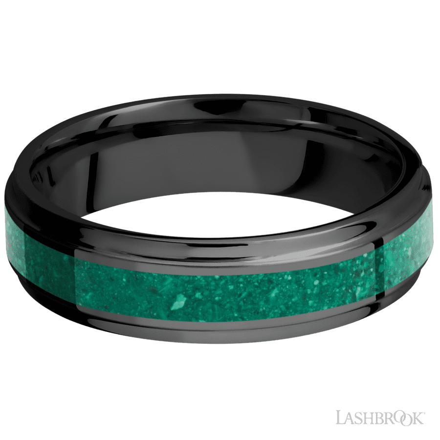 6 mm wide/Flat Grooved Edges/Zirconium band with one 3 mm Centered inlay of Malachite.