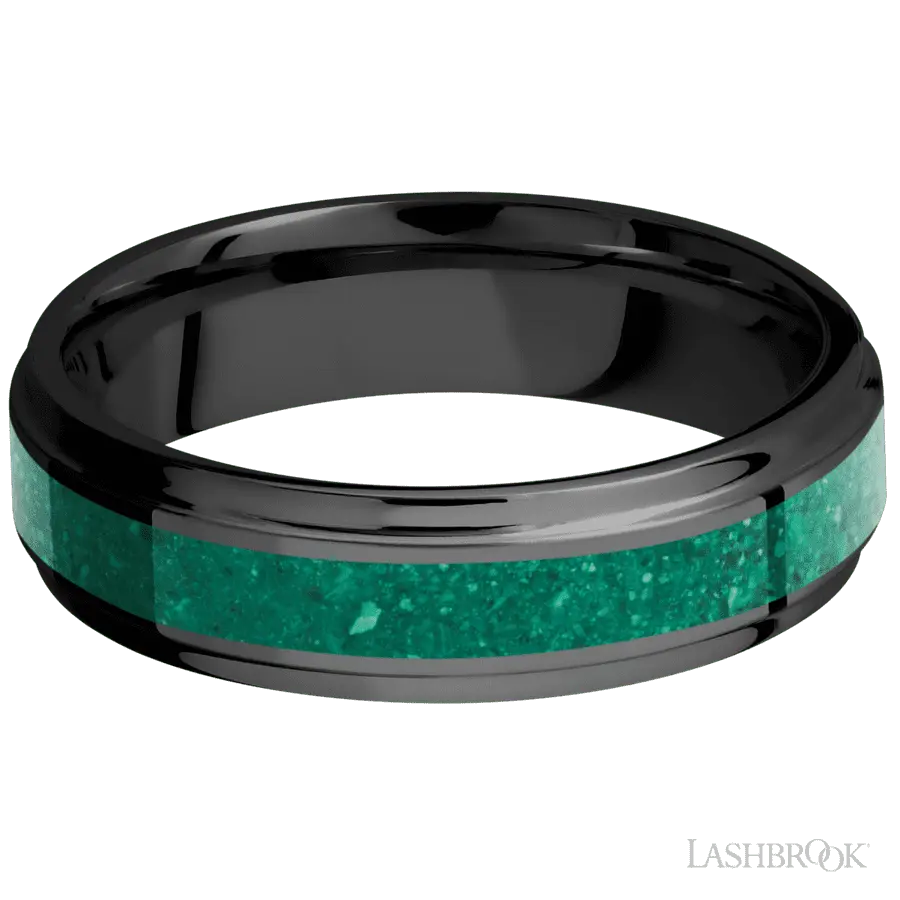 6 mm wide/Flat Grooved Edges/Zirconium band with one 3 mm Centered inlay of Malachite.