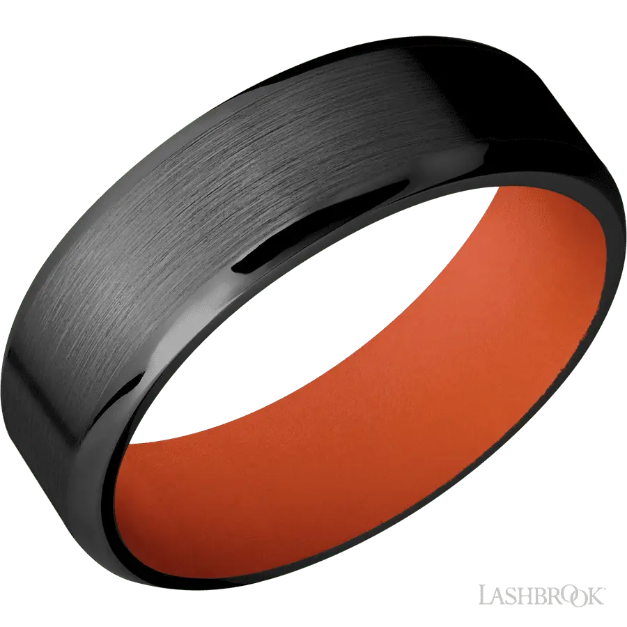 7 mm wide Beveled Zirconium band featuring a Hunter Orange sleeve.