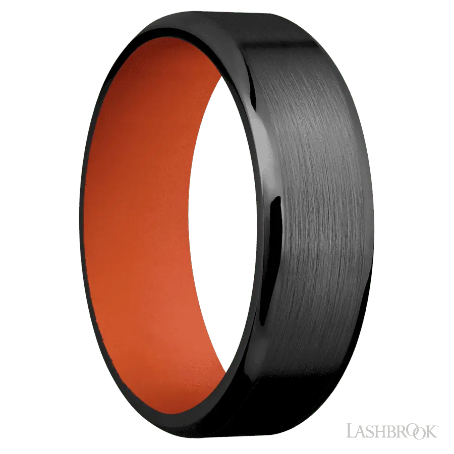 7 mm wide Beveled Zirconium band featuring a Hunter Orange sleeve.