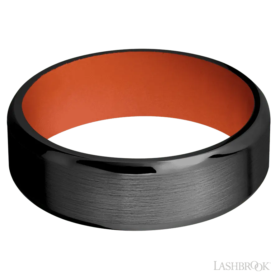 7 mm wide Beveled Zirconium band featuring a Hunter Orange sleeve.
