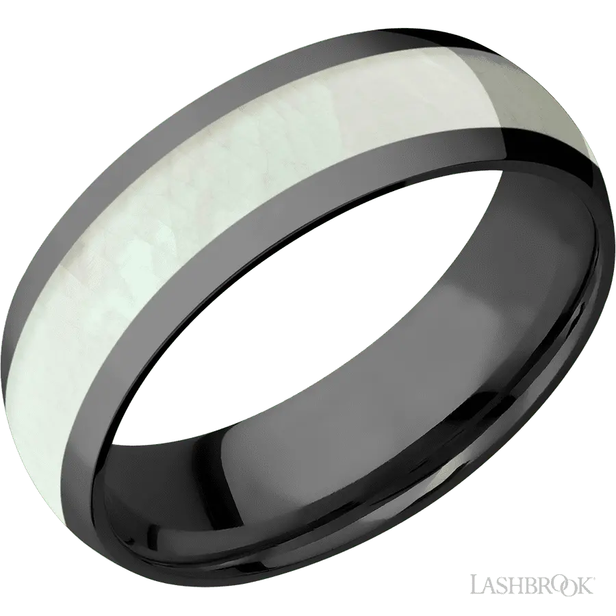 7 mm wide/Domed/Zirconium band with one 4 mm Centered inlay of Freshwater Mother of Pearl.