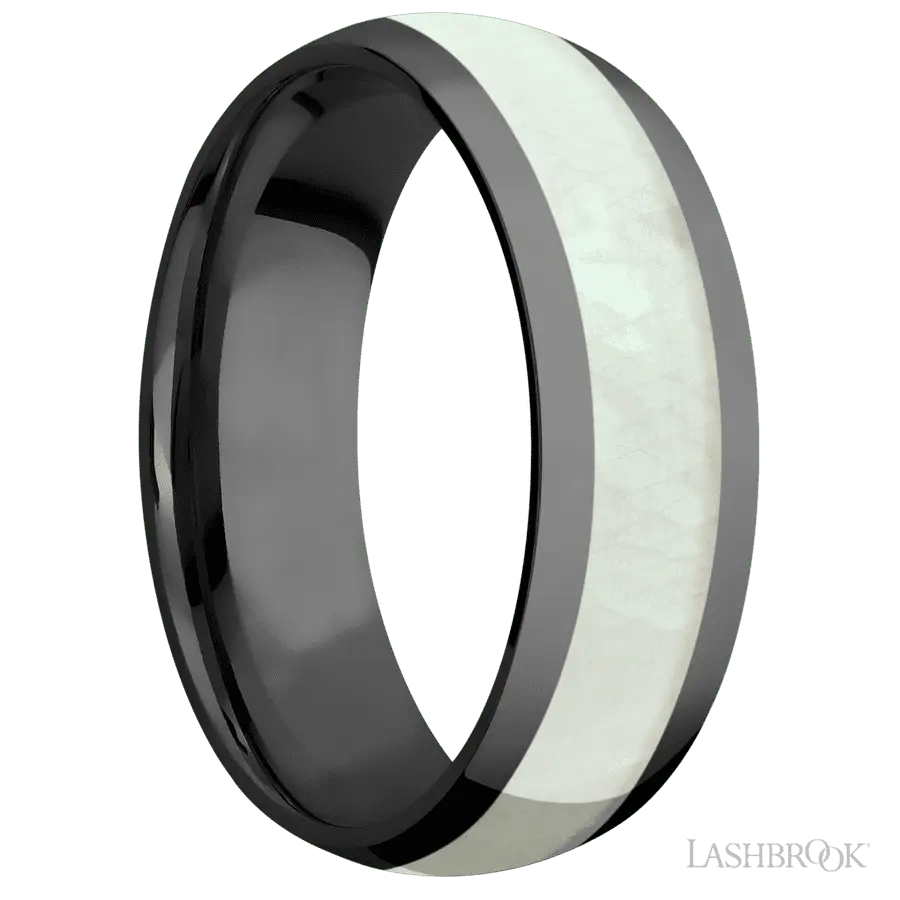 7 mm wide/Domed/Zirconium band with one 4 mm Centered inlay of Freshwater Mother of Pearl.