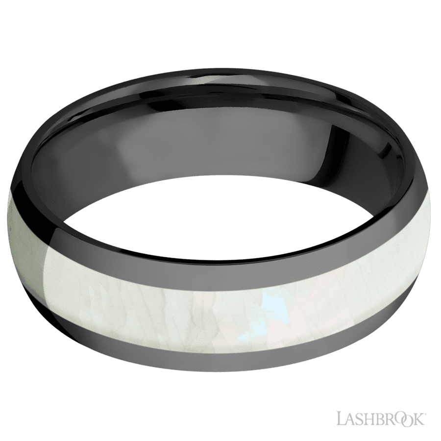 7 mm wide/Domed/Zirconium band with one 4 mm Centered inlay of Freshwater Mother of Pearl.