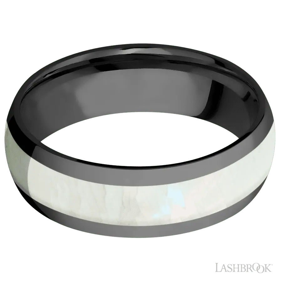 7 mm wide/Domed/Zirconium band with one 4 mm Centered inlay of Freshwater Mother of Pearl.