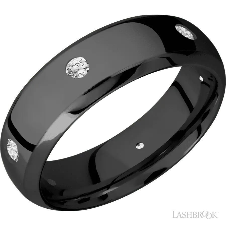 7 mm wide/Domed Bevel/Zirconium band with a 6X Even arrangement of .07 carat Round Diamond stones in a Flush setting.