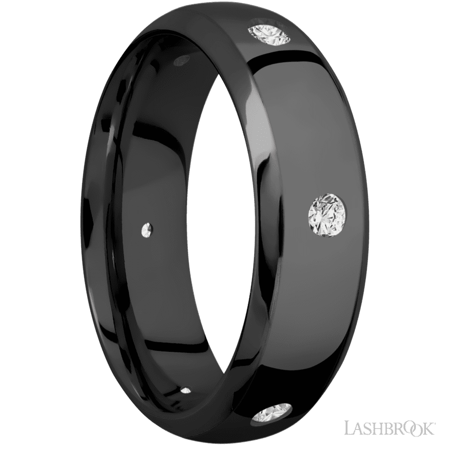 7 mm wide/Domed Bevel/Zirconium band with a 6X Even arrangement of .07 carat Round Diamond stones in a Flush setting.