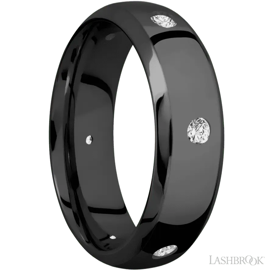 7 mm wide/Domed Bevel/Zirconium band with a 6X Even arrangement of .07 carat Round Diamond stones in a Flush setting.