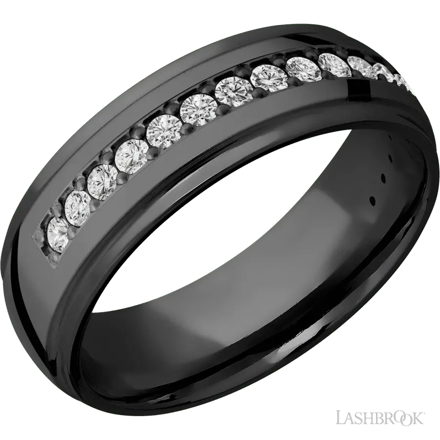 7 mm wide/Domed Stepped Down Edges/Zirconium band with a Half Eternity arrangement of .03 carat Round Diamond stones in a Bead setting.