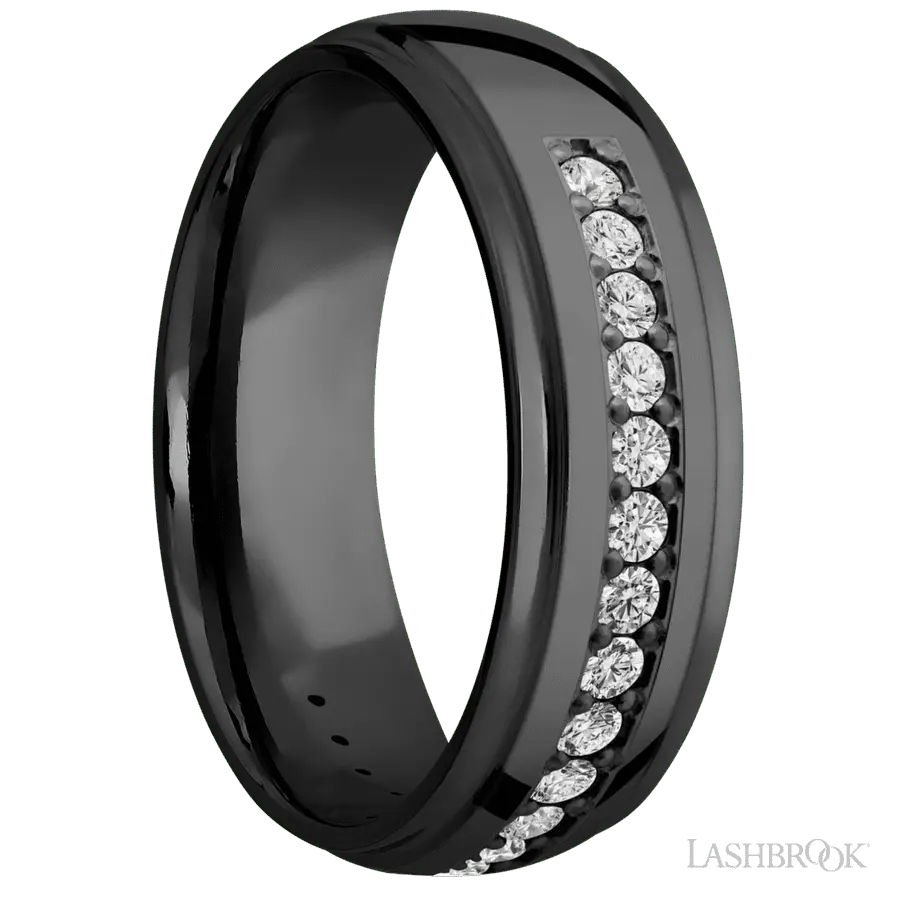 7 mm wide/Domed Stepped Down Edges/Zirconium band with a Half Eternity arrangement of .03 carat Round Diamond stones in a Bead setting.
