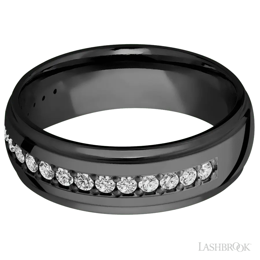 7 mm wide/Domed Stepped Down Edges/Zirconium band with a Half Eternity arrangement of .03 carat Round Diamond stones in a Bead setting.