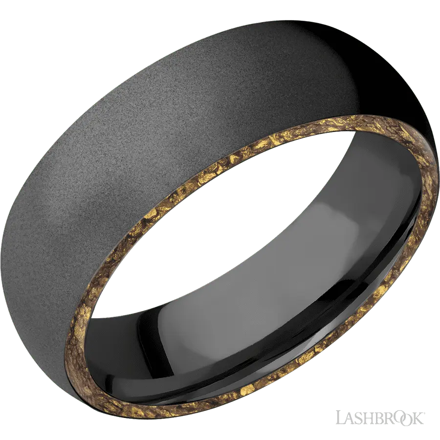 7 mm wide/Domed/Zirconium band with two 1 mm Side inlays of Alaskan Gold Nugget.