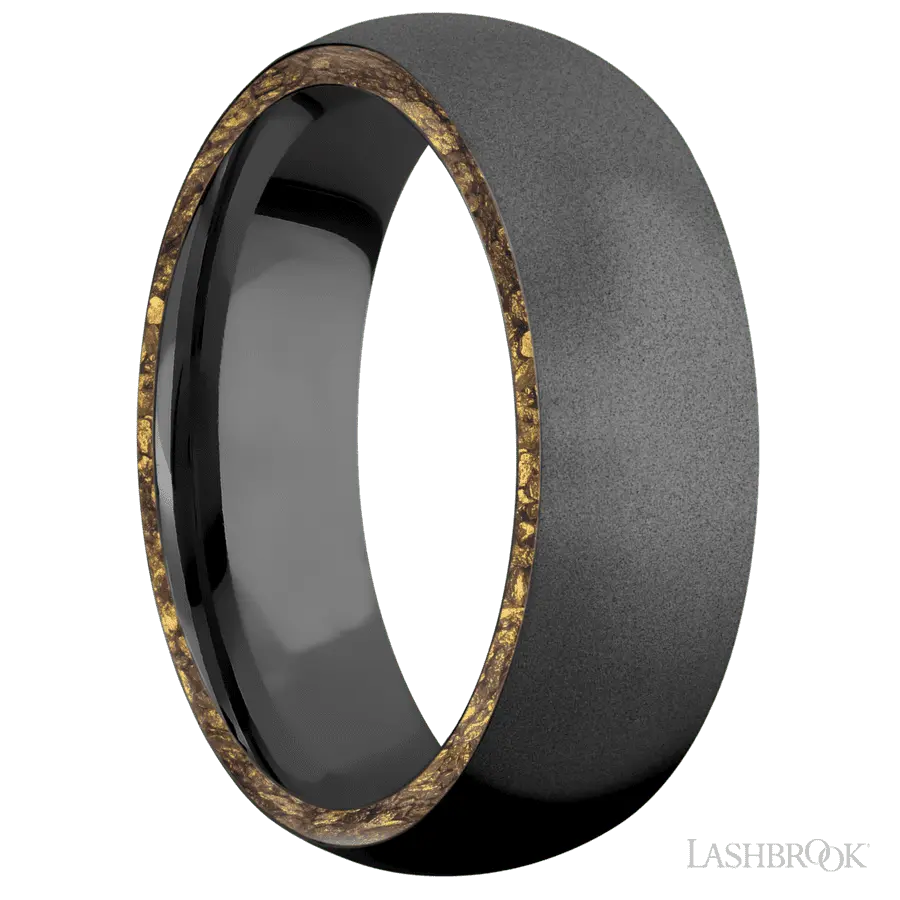 7 mm wide/Domed/Zirconium band with two 1 mm Side inlays of Alaskan Gold Nugget.