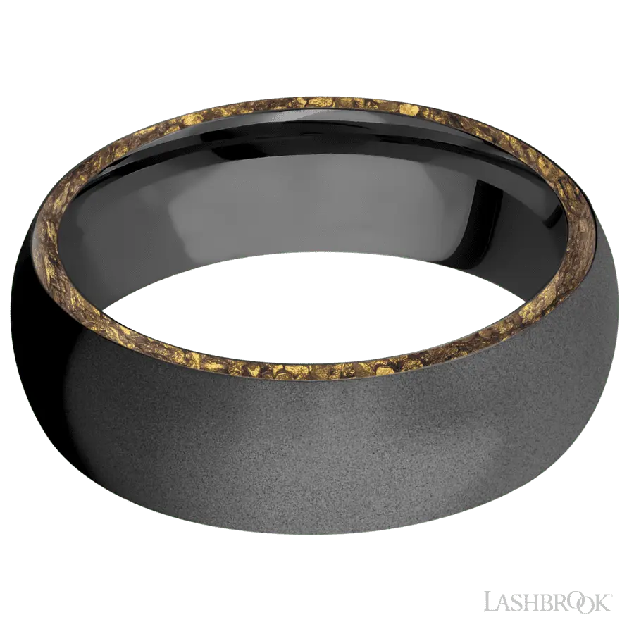 7 mm wide/Domed/Zirconium band with two 1 mm Side inlays of Alaskan Gold Nugget.