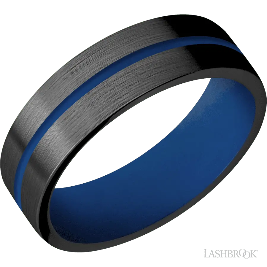 7 mm wide/Flat/Zirconium band with one 1 mm Centered inlay of Royal Blue also featuring a Royal Blue sleeve.