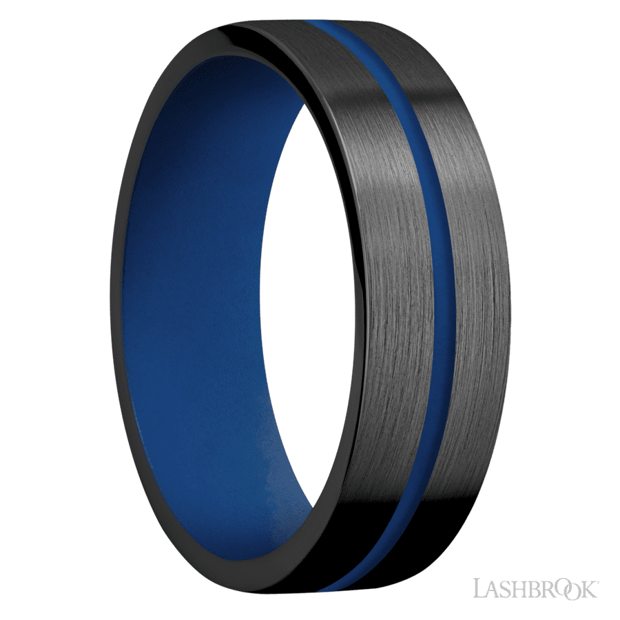 7 mm wide/Flat/Zirconium band with one 1 mm Centered inlay of Royal Blue also featuring a Royal Blue sleeve.