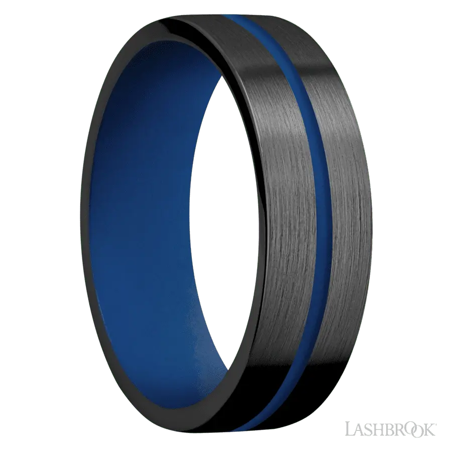 7 mm wide/Flat/Zirconium band with one 1 mm Centered inlay of Royal Blue also featuring a Royal Blue sleeve.