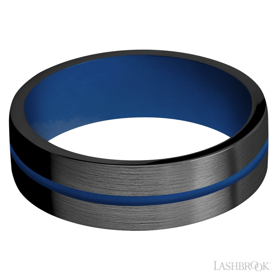 7 mm wide/Flat/Zirconium band with one 1 mm Centered inlay of Royal Blue also featuring a Royal Blue sleeve.