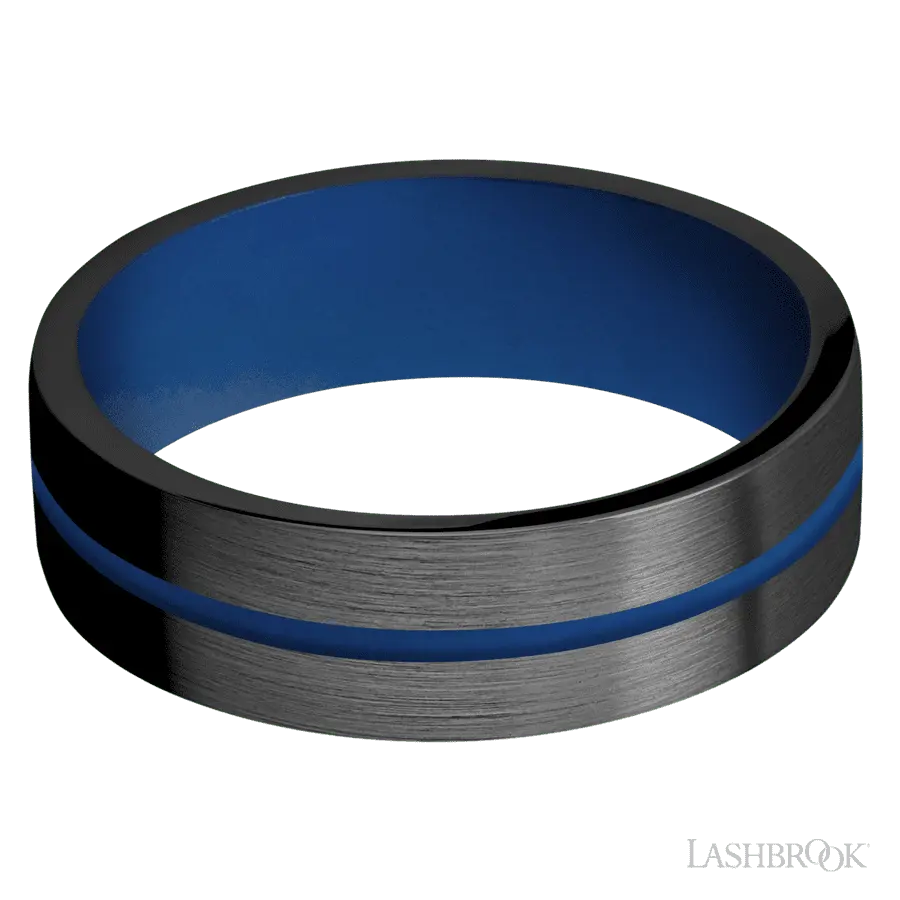 7 mm wide/Flat/Zirconium band with one 1 mm Centered inlay of Royal Blue also featuring a Royal Blue sleeve.