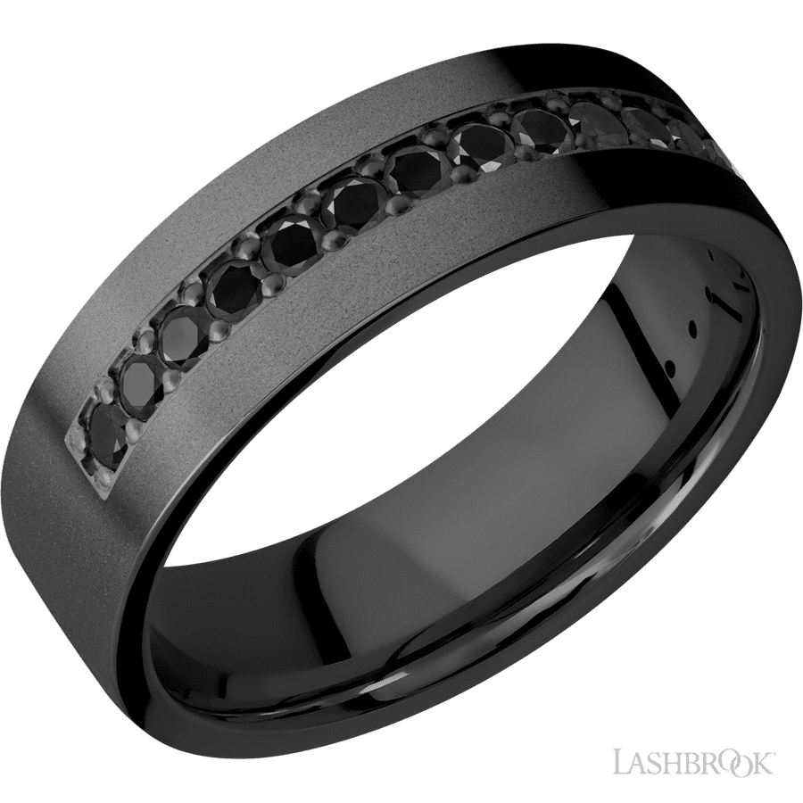 7 mm wide/Flat/Zirconium band with a Half Eternity arrangement of .03 carat Round Black Diamond stones in a Bead setting.