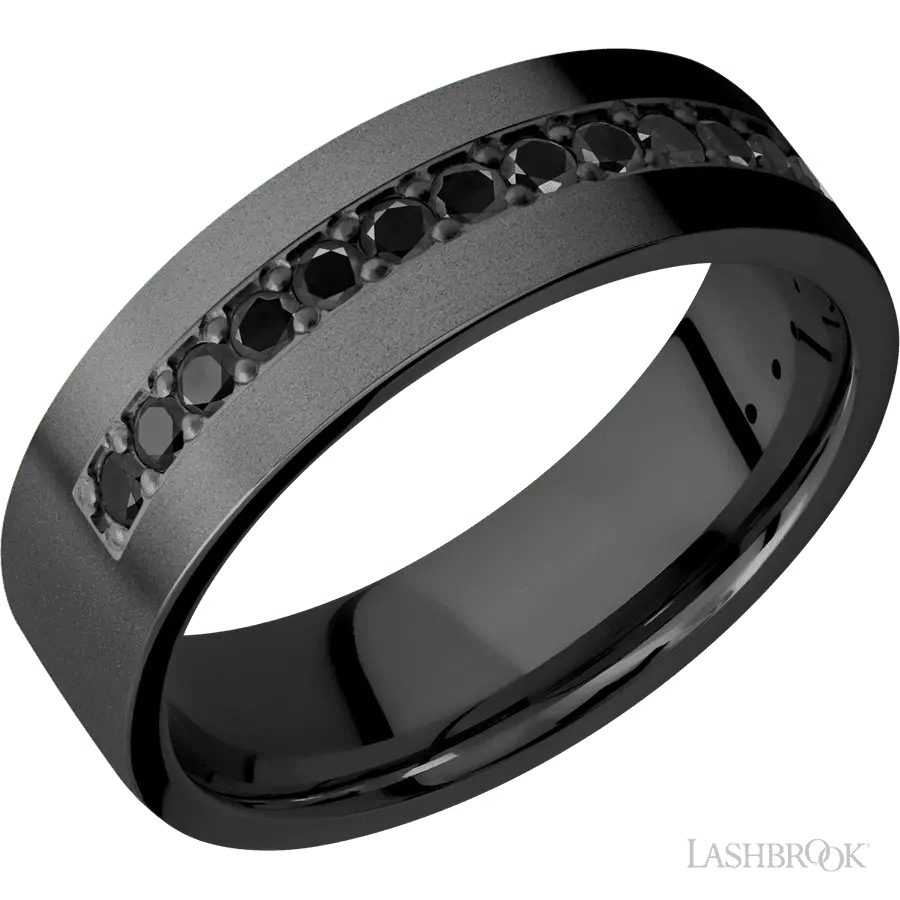 7 mm wide/Flat/Zirconium band with a Half Eternity arrangement of .03 carat Round Black Diamond stones in a Bead setting.