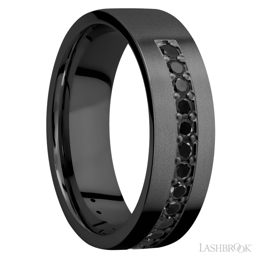 7 mm wide/Flat/Zirconium band with a Half Eternity arrangement of .03 carat Round Black Diamond stones in a Bead setting.
