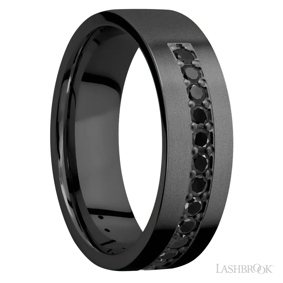 7 mm wide/Flat/Zirconium band with a Half Eternity arrangement of .03 carat Round Black Diamond stones in a Bead setting.