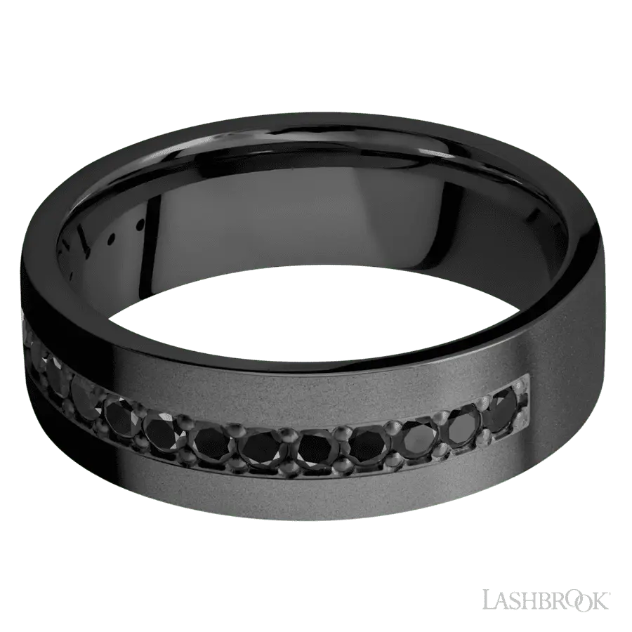 7 mm wide/Flat/Zirconium band with a Half Eternity arrangement of .03 carat Round Black Diamond stones in a Bead setting.