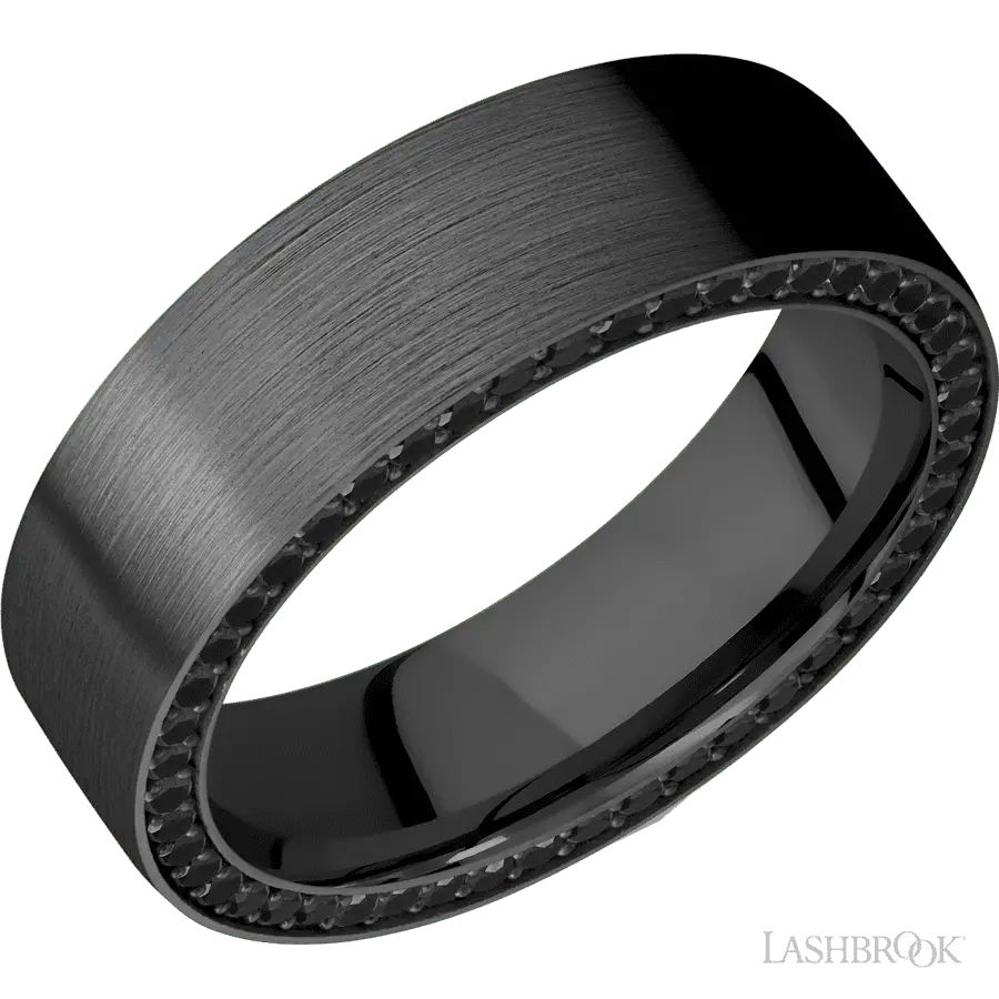 7 mm wide/Flat/Zirconium band with a Side Eternity arrangement of .01 carat Round Black Diamond stones in a Bead setting.