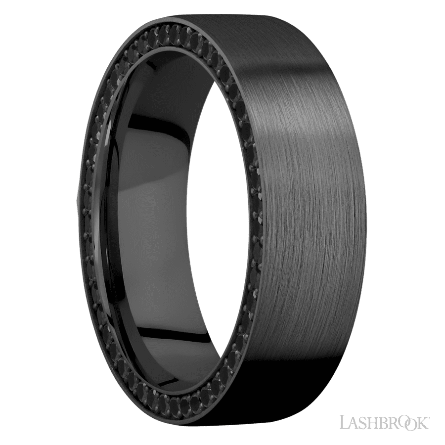 7 mm wide/Flat/Zirconium band with a Side Eternity arrangement of .01 carat Round Black Diamond stones in a Bead setting.