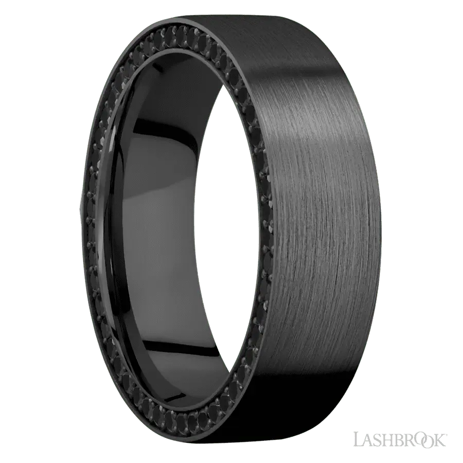 7 mm wide/Flat/Zirconium band with a Side Eternity arrangement of .01 carat Round Black Diamond stones in a Bead setting.