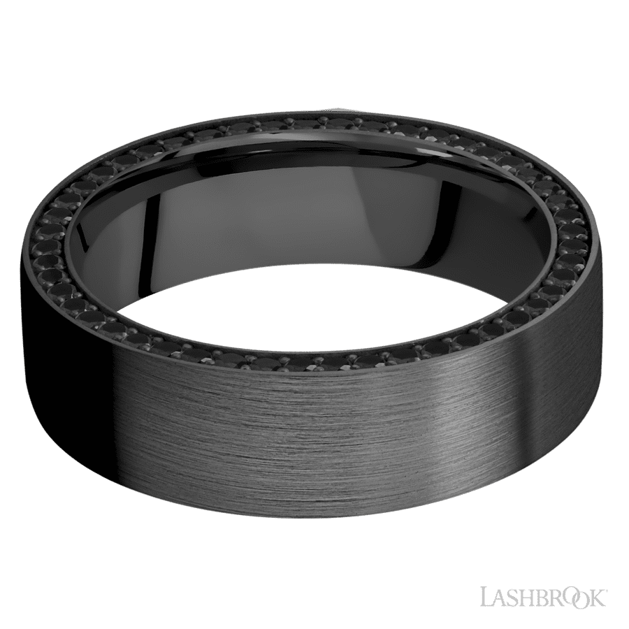 7 mm wide/Flat/Zirconium band with a Side Eternity arrangement of .01 carat Round Black Diamond stones in a Bead setting.