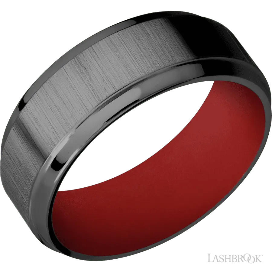 8 mm wide Stepped Bevel Zirconium band featuring a USMC Red sleeve. in Zirconium by Lashbrook | The Diamond Store Las Vegas