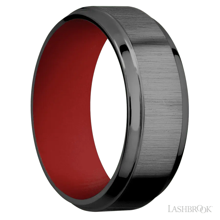 8 mm wide Stepped Bevel Zirconium band featuring a USMC Red sleeve.
