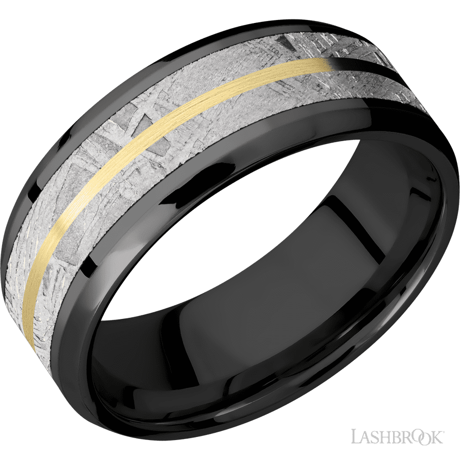 8 mm wide/Beveled/Zirconium band featuring inlays of Meteorite and 14K Yellow Gold.