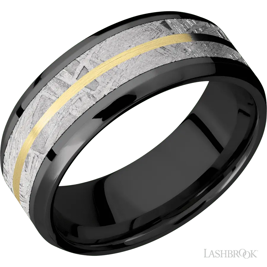 8 mm wide/Beveled/Zirconium band featuring inlays of Meteorite and 14K Yellow Gold.