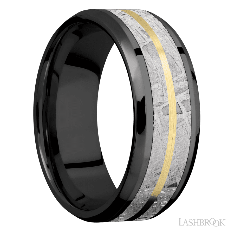 8 mm wide/Beveled/Zirconium band featuring inlays of Meteorite and 14K Yellow Gold.