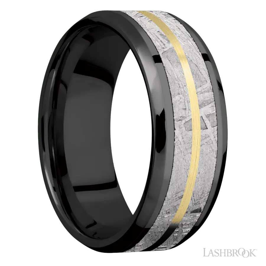 8 mm wide/Beveled/Zirconium band featuring inlays of Meteorite and 14K Yellow Gold.