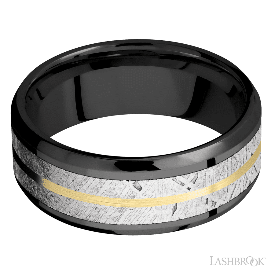 8 mm wide/Beveled/Zirconium band featuring inlays of Meteorite and 14K Yellow Gold.