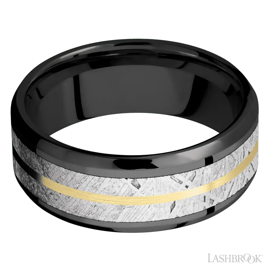 8 mm wide/Beveled/Zirconium band featuring inlays of Meteorite and 14K Yellow Gold.