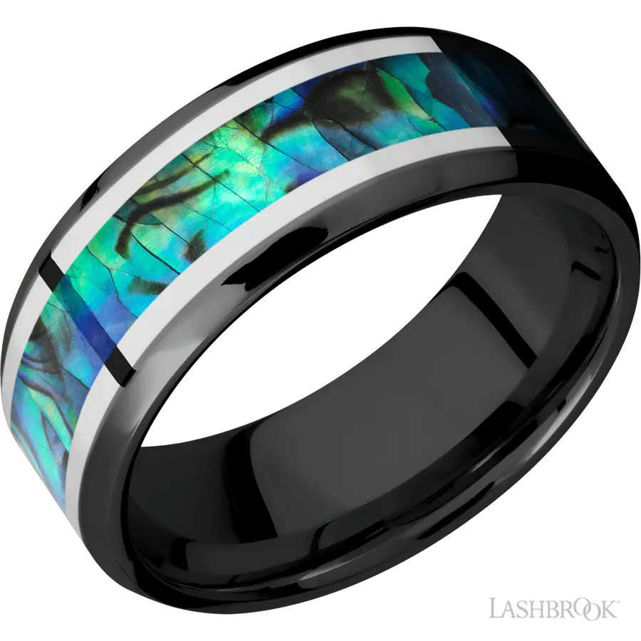 8 mm wide/Beveled/Zirconium band featuring inlays of Palladium Silver and Abalone.