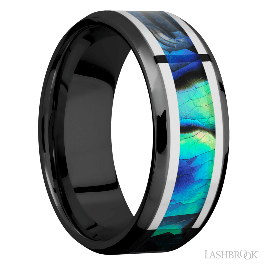 8 mm wide/Beveled/Zirconium band featuring inlays of Palladium Silver and Abalone.