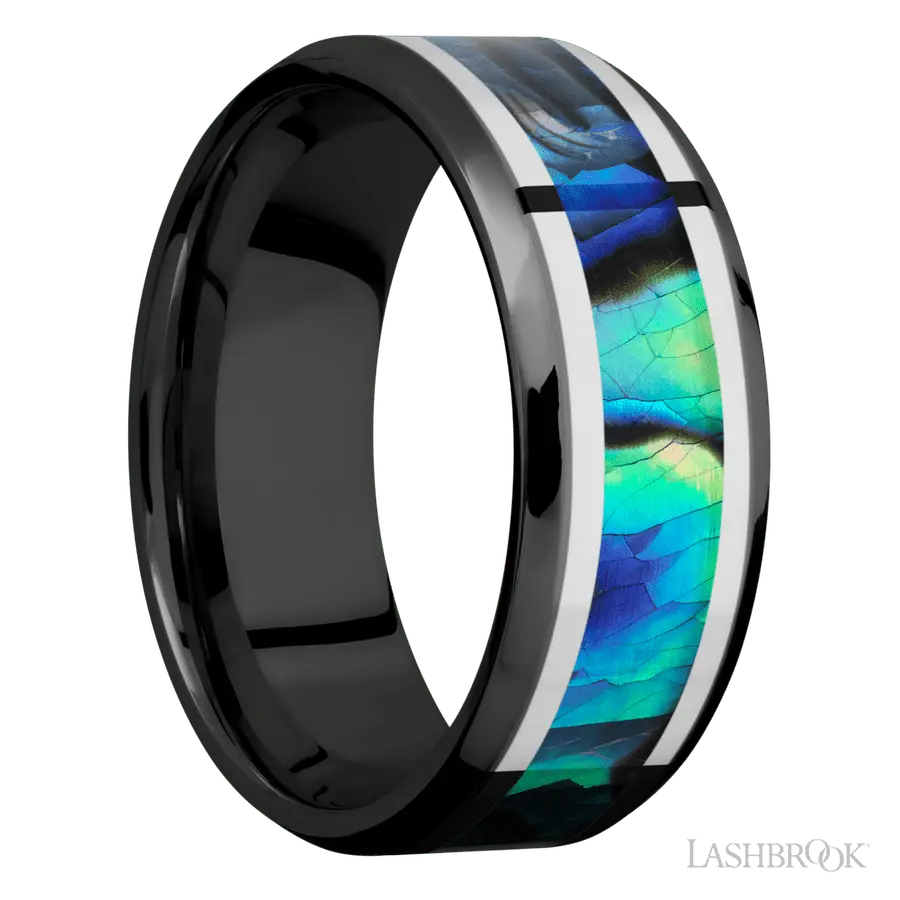 8 mm wide/Beveled/Zirconium band featuring inlays of Palladium Silver and Abalone.