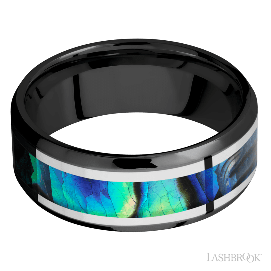 8 mm wide/Beveled/Zirconium band featuring inlays of Palladium Silver and Abalone.