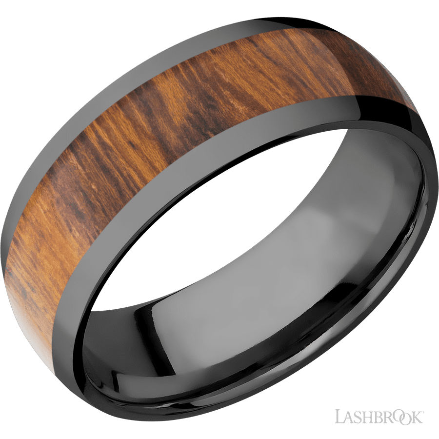 8 mm wide/Domed/Zirconium band with one 5 mm Centered inlay of Desert Iron Wood.