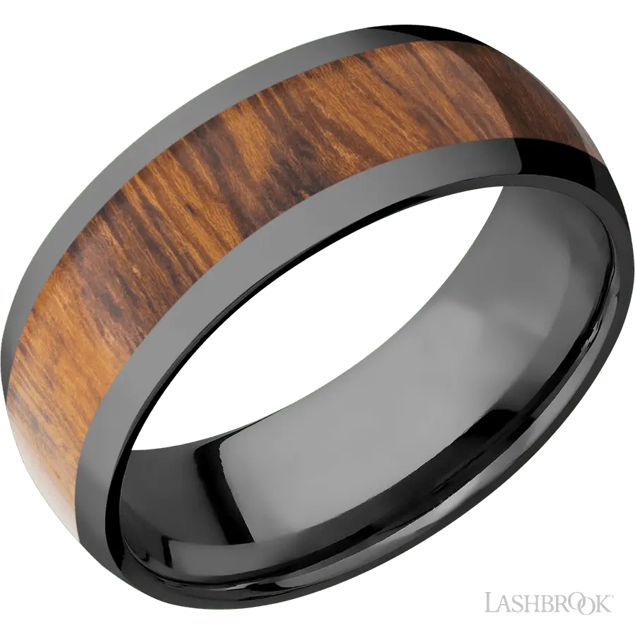 8 mm wide/Domed/Zirconium band with one 5 mm Centered inlay of Desert Iron Wood.