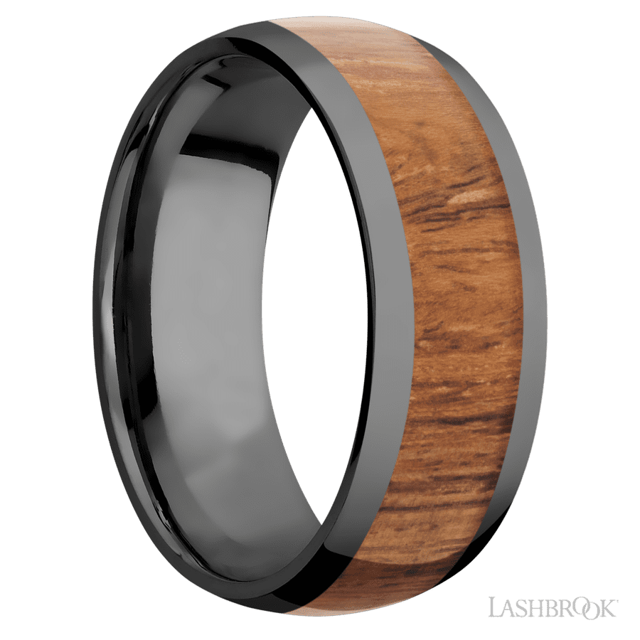 8 mm wide/Domed/Zirconium band with one 5 mm Centered inlay of Desert Iron Wood.