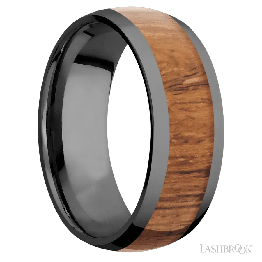 8 mm wide/Domed/Zirconium band with one 5 mm Centered inlay of Desert Iron Wood.
